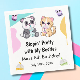 Kawaii Panda & Tiger Bubble Tea Kindergeburtstag Serviette
