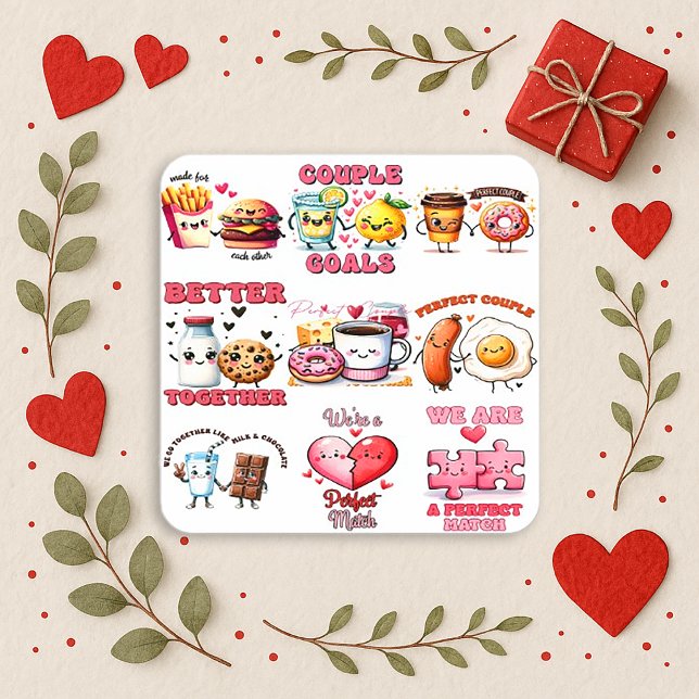 Kawaii Pastel Food Pair Valentine Quadratischer Aufkleber (Von Creator hochgeladen)