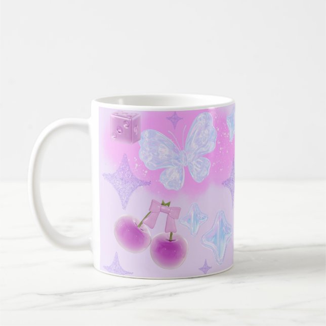 Kawaii Pastel Girly 3D Coquette Bow Moon Tasse (Links)