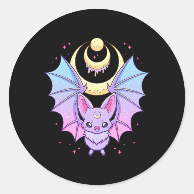 Kawaii Pastel Goth Creepy Crescent Moon Bat Runder Aufkleber (Vorderseite)