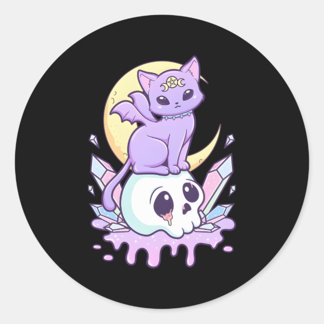 Kawaii Pastel Goth Creepy Witchy Cat and Skull Runder Aufkleber (Vorderseite)