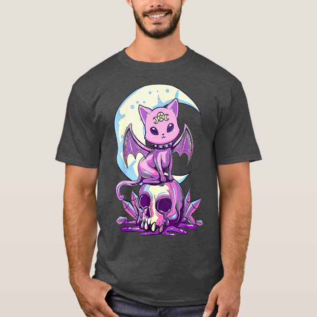 Kawaii Pastel Goth Cute Creepy Witchy Cat and T-Shirt (Vorderseite)