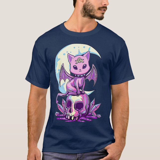 Kawaii Pastel Goth Cute Creepy Witchy Cat and T-Shirt (Vorderseite)