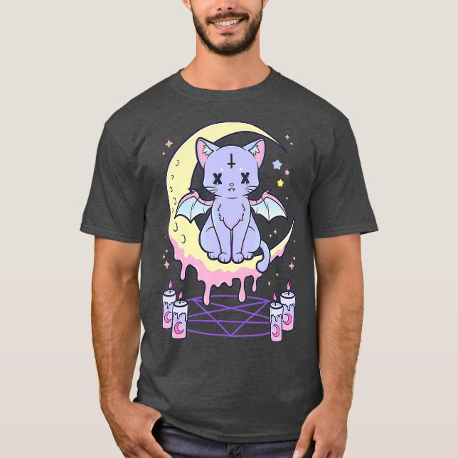 Kawaii Pastel Goth Niedlich Creepy Black Cat T-Shirt (Vorderseite)