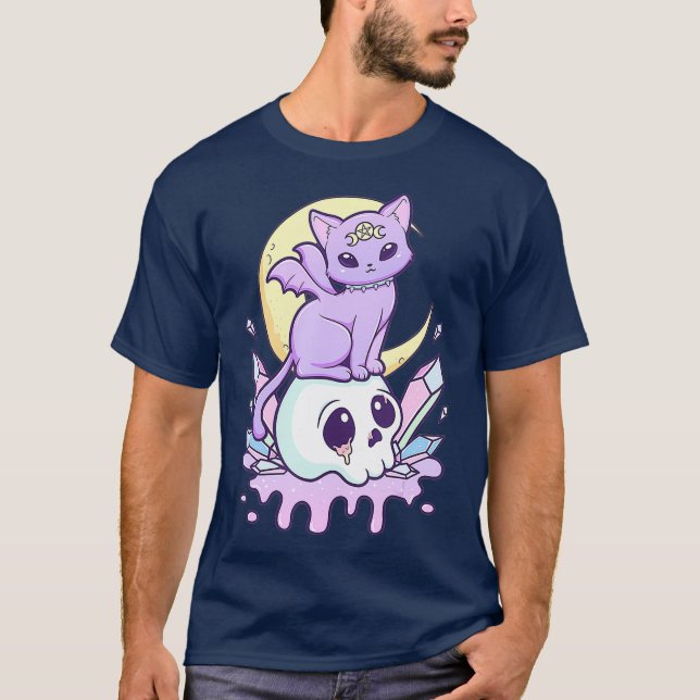 Kawaii Pastel Goth Niedlich Creepy Witchy Cat und T-Shirt (Vorderseite)