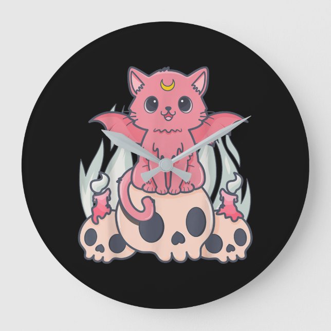 Kawaii Pastel Goth Niedliche Creepy Demon Cat and  Große Wanduhr (Vorderseite)