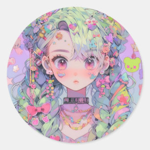 Kawaii Pastel Harajuku Anime Girl mit Braids Runder Aufkleber