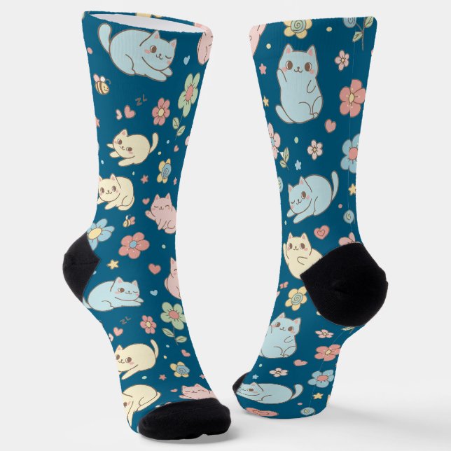 Kawaii Pastel Katzen und Blume Muster Socken (Gewinkelt)