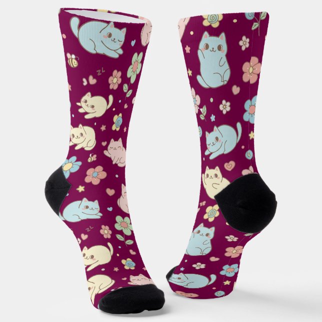 Kawaii Pastel Katzen und Blume Muster Socken (Gewinkelt)