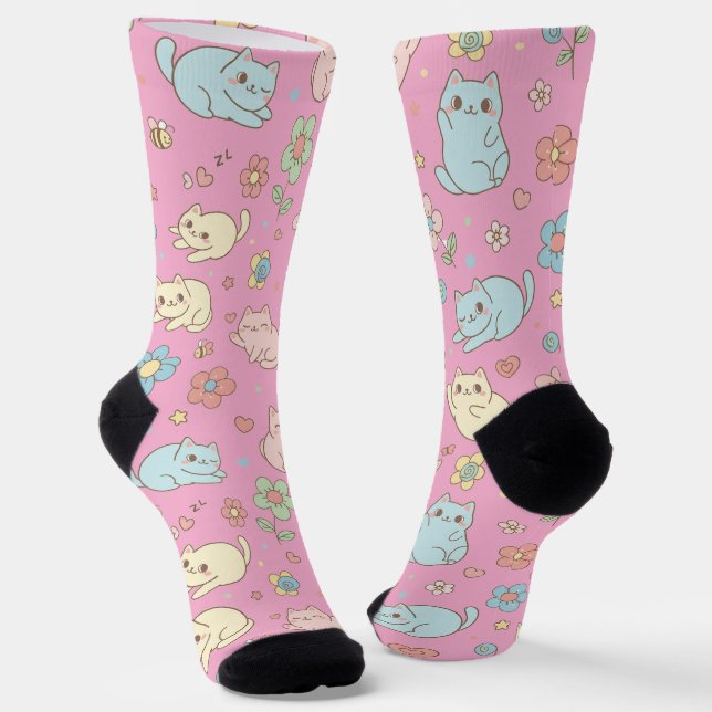 Kawaii Pastel Katzen und Blume Muster Socken (Gewinkelt)