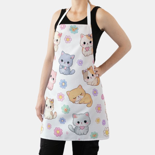 Kawaii Pastel Kitten and Floral Pattern Apron Schürze (InSitu)