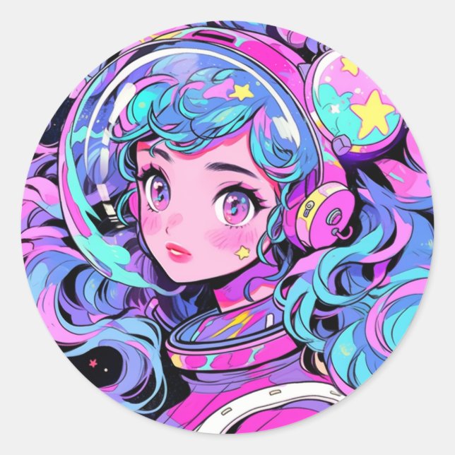 Kawaii Pastel Pink und Blue Space Anime Girl Runder Aufkleber (Vorderseite)