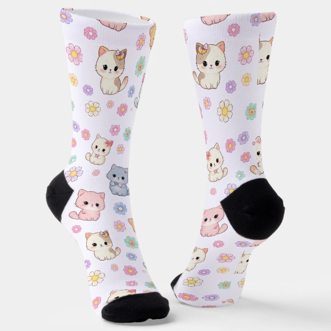 Kawaii Pastell-Kätzchen und Blumen  Socken (Gewinkelt)