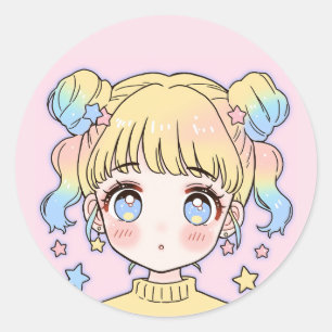 Kawaii Pastell-Star-Mädchen-Porträt Runder Aufkleber