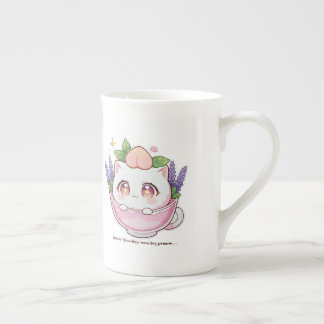 Kawaii Peach Cat in Lavender Teacup Tasse
