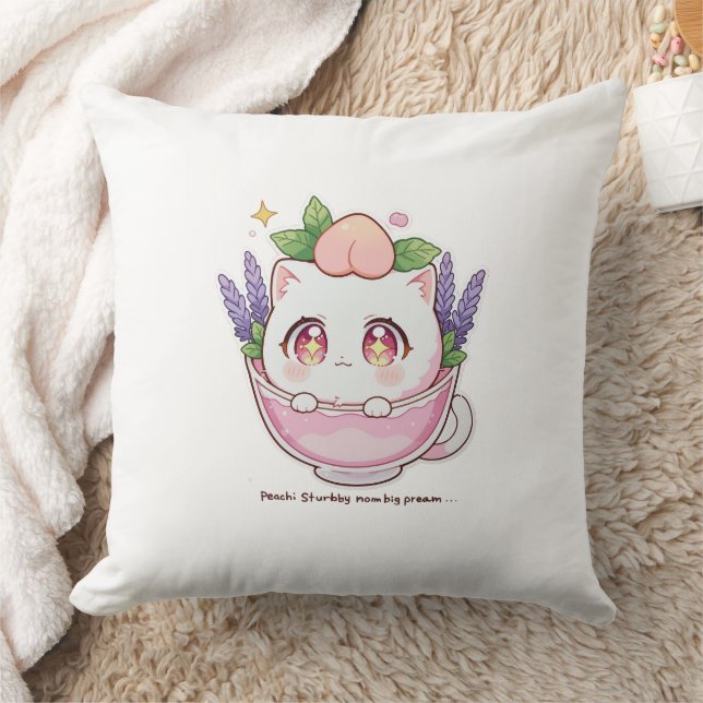 Kawaii Peach Cat in Lavender Teacup Throw Kissen (Decke)