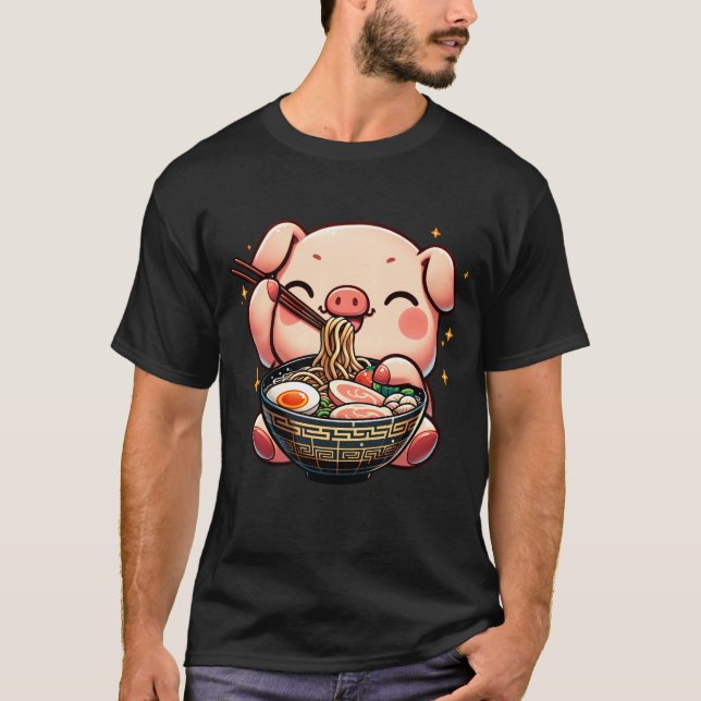 Kawaii Pig Eating Ramen Noodle Anime Japanisch T-Shirt (Vorderseite)