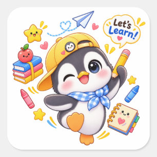 Kawaii Pinguin Lernen wir Schulsticker Quadratischer Aufkleber