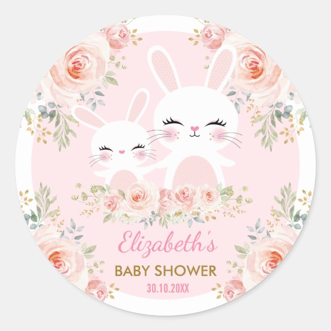 Kawaii Pink Bunny Rabbit Babydusche Dekoration Runder Aufkleber (Vorderseite)