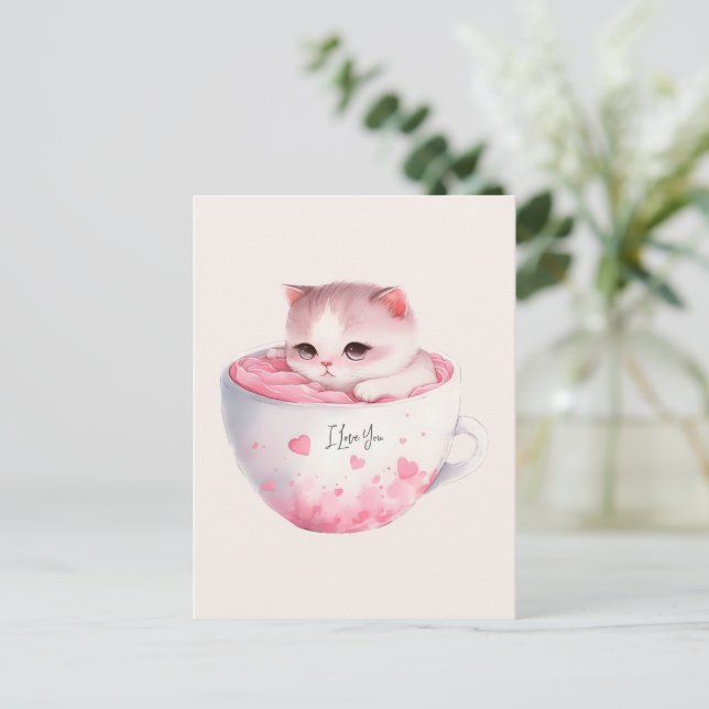 Kawaii Pink Chibi Katze mit Niedlicher Krone Postkarte (Stehend Vorderseite)