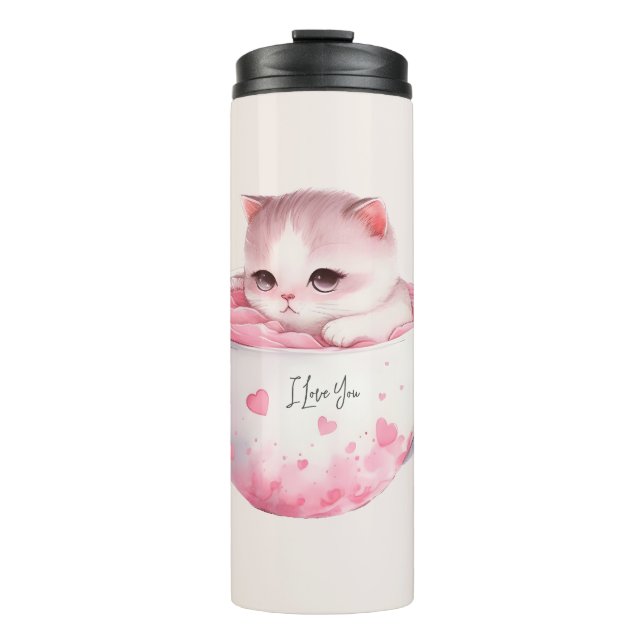 Kawaii Pink Chibi Katze mit Niedlicher Krone Thermosbecher (Vorderseite)