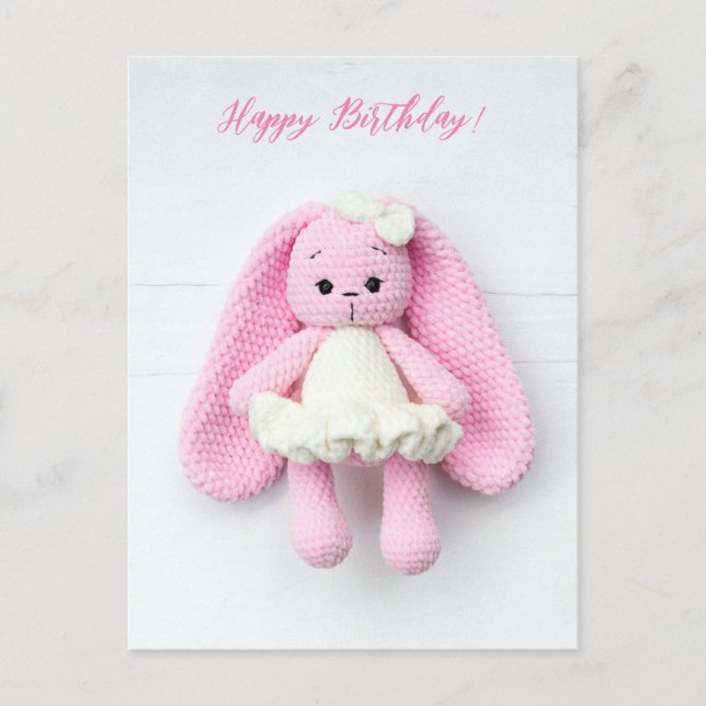 Kawaii Pink Crochet Bunny - Alles Gute zum Geburts Postkarte (Vorderseite)
