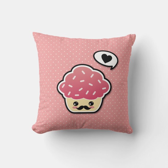 Kawaii Pink Cupcake mit Mustache Kissen (Vorderseite)