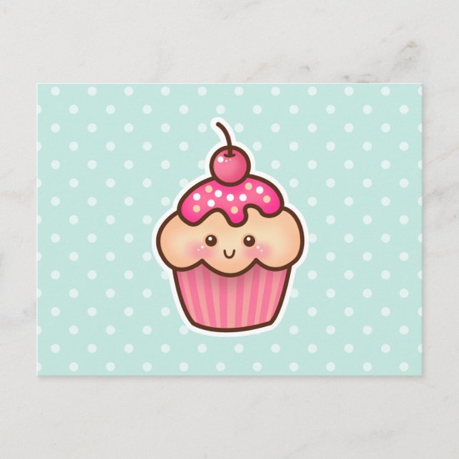 Kawaii Pink Cupcake und Niedlich Mint Blue Polka D Postkarte (Vorderseite)