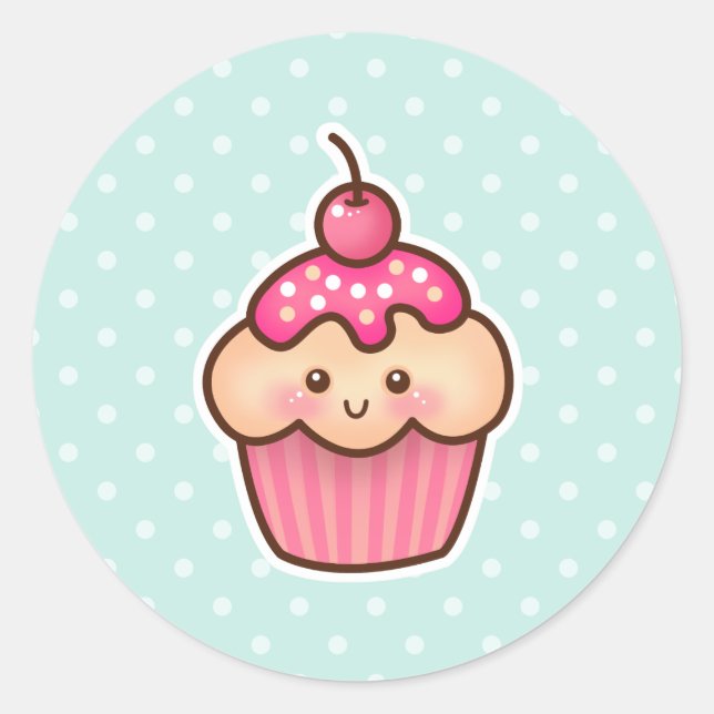 Kawaii Pink Cupcake und Niedlich Mint Blue Polka D Runder Aufkleber (Vorderseite)