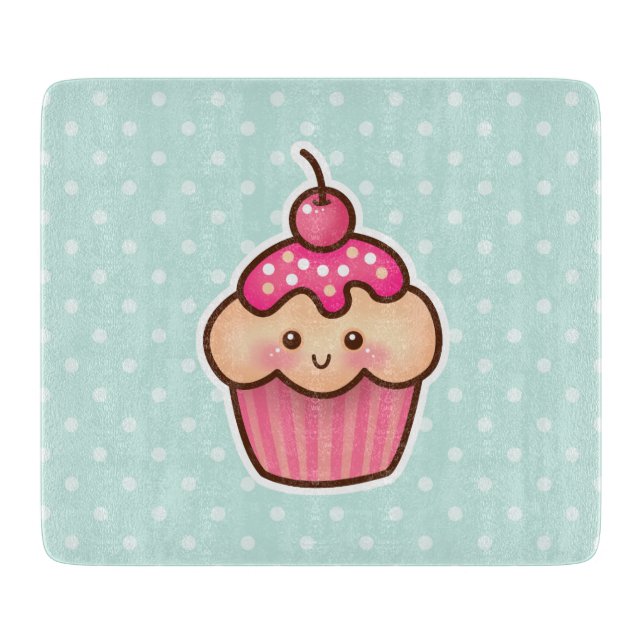 Kawaii Pink Cupcake und Niedlich Mint Blue Polka D Schneidebrett (Vorderseite)