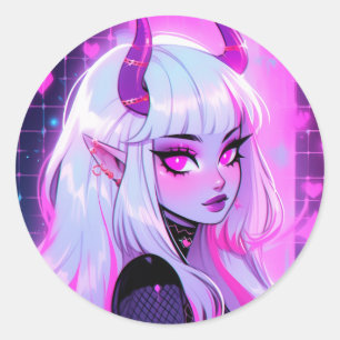 Kawaii Pink Demon Girl Runder Aufkleber