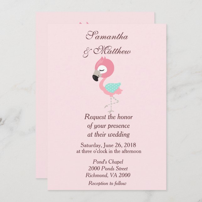 Kawaii Pink Flamingo Wedding Einladung (Vorne/Hinten)