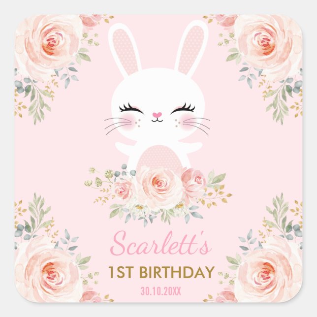 Kawaii Pink Gold Bunny Birthday Party Favoriten Quadratischer Aufkleber (Vorderseite)