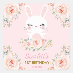 Kawaii Pink Gold Bunny Birthday Party Favoriten Quadratischer Aufkleber