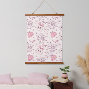 Kawaii Pink Halloween Ghosts & Pumpkin (2) Wandteppich Mit Holzrahmen