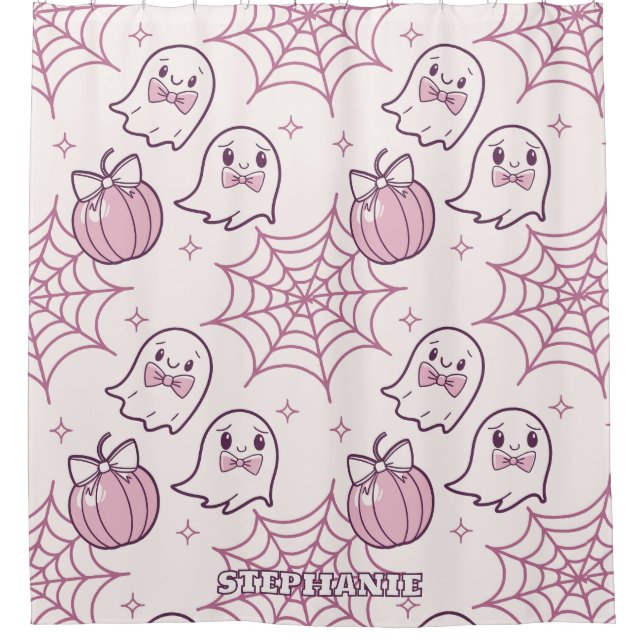 Kawaii Pink Halloween Ghosts & Pumpkin Duschvorhang (Vorderseite)