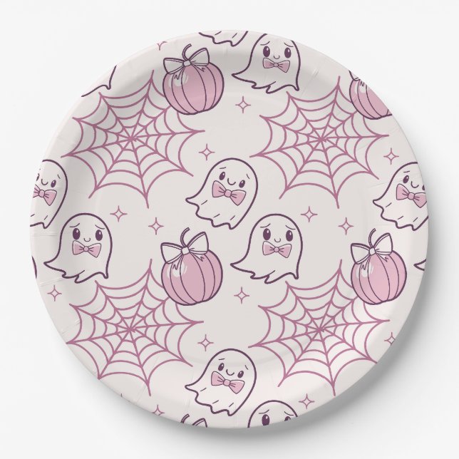 Kawaii Pink Halloween Ghosts & Pumpkin Pappteller (Vorderseite)