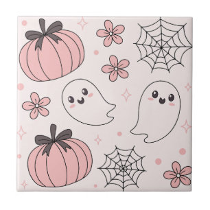 Kawaii Pink Halloween Ghosts & Pumpkins Fliese