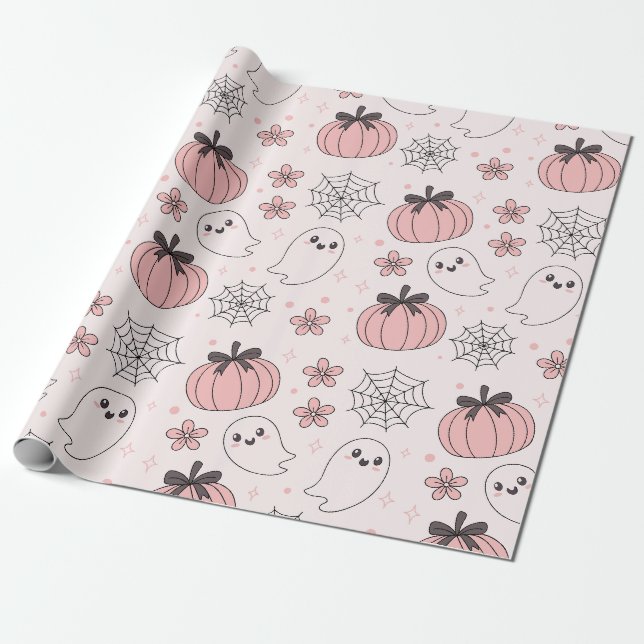 Kawaii Pink Halloween Ghosts & Pumpkins Geschenkpapier (Ungerollt)
