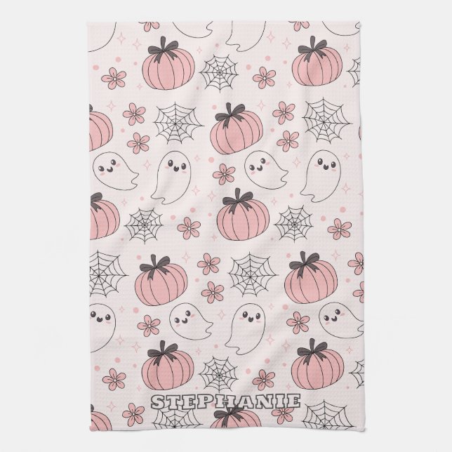 Kawaii Pink Halloween Ghosts & Pumpkins Geschirrtuch (Vertikal)