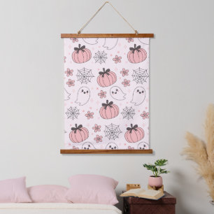 Kawaii Pink Halloween Ghosts & Pumpkins Wandteppich Mit Holzrahmen