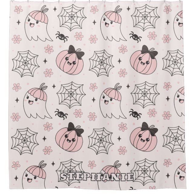 Kawaii Pink Halloween Muster mit Ghost, Pumpkin Duschvorhang (Vorderseite)