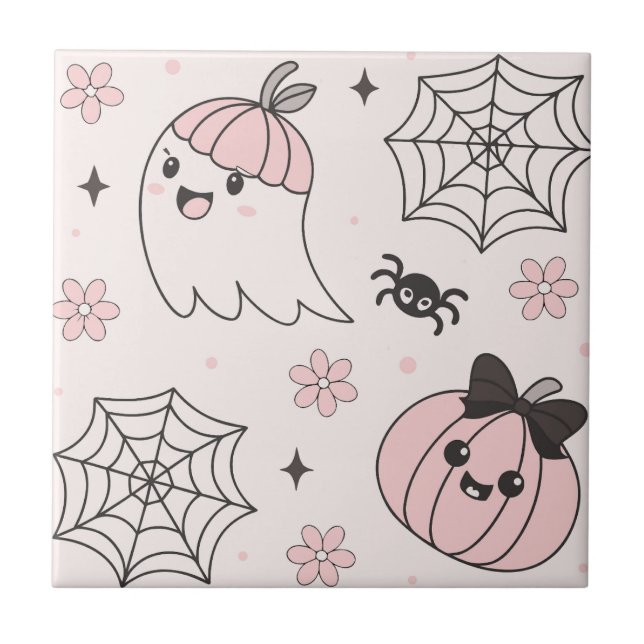 Kawaii Pink Halloween Muster mit Ghost, Pumpkin Fliese (Vorderseite)