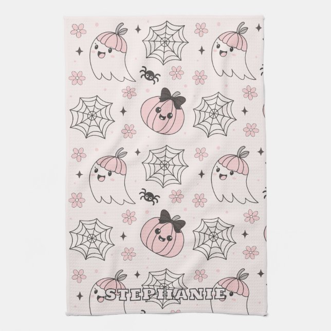 Kawaii Pink Halloween Muster mit Ghost, Pumpkin Geschirrtuch (Vertikal)