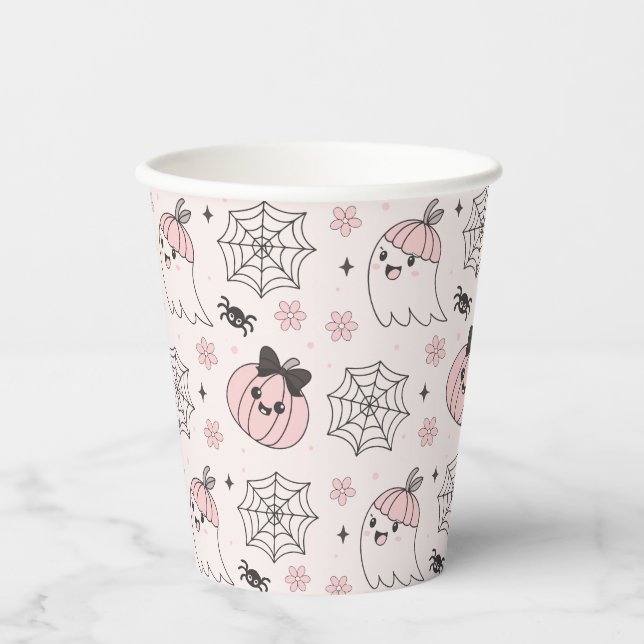 Kawaii Pink Halloween Muster mit Ghost, Pumpkin Pappbecher (Vorderseite)