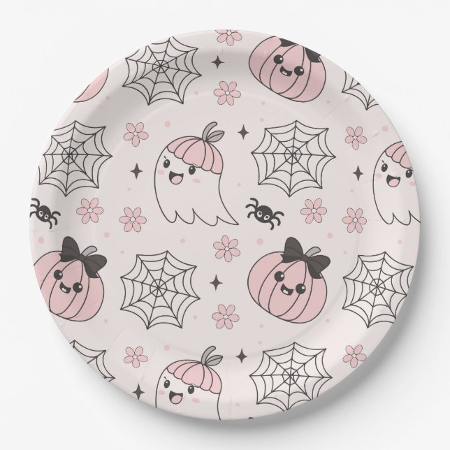 Kawaii Pink Halloween Muster mit Ghost, Pumpkin Pappteller (Vorderseite)