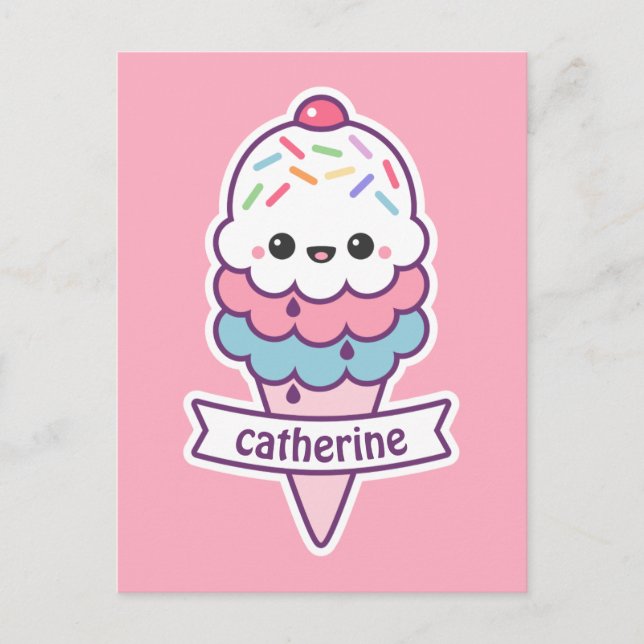 Kawaii Pink Ice Creme Cone Postkarte (Vorderseite)