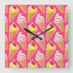 Kawaii pink pattern with strawberry ice cream  quadratische wanduhr