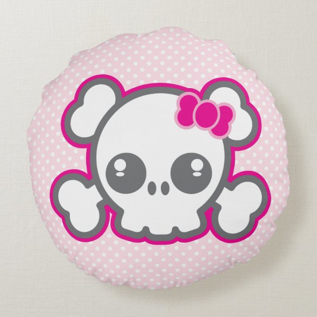Kawaii Pink Ribbon Skull Round Pillow Rundes Kissen (Rückseite)