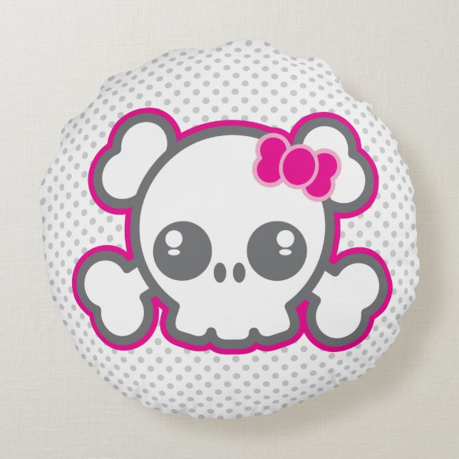 Kawaii Pink Ribbon Skull Round Pillow Rundes Kissen (Rückseite)